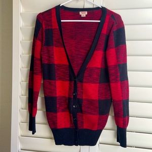 Red and black checkered cardigan